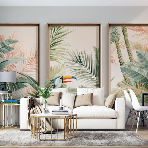 Painting Wallpaper | Tropical Leaves Colorful Toucan