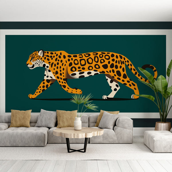 Stylised Walking Leopard Wallpaper on Green