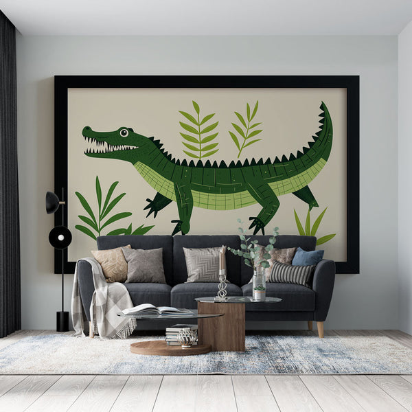 Painting-Style Wallpaper | Playful Crocodile in Tropical Leaves