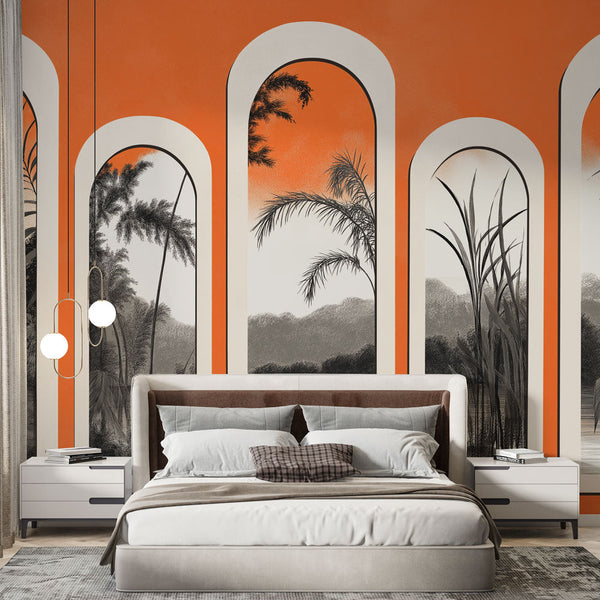 Black White Tropical Landscape Wall Mural Wallpaper on Orange