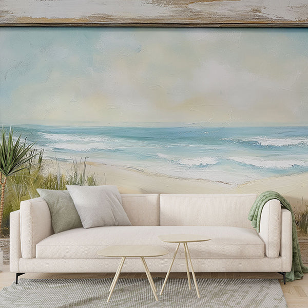 Painting-Style Wallpaper | Serene Beach with Waves and Sea Grass