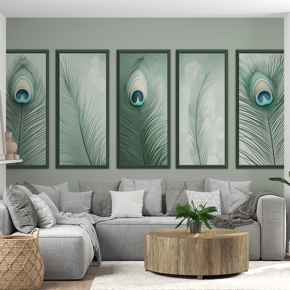 Peacock Feathers Wallpaper | Elegant Green Wall Mural Decor