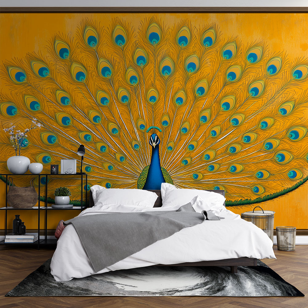 Majestic Peacock Wallpaper on Vibrant Orange Background