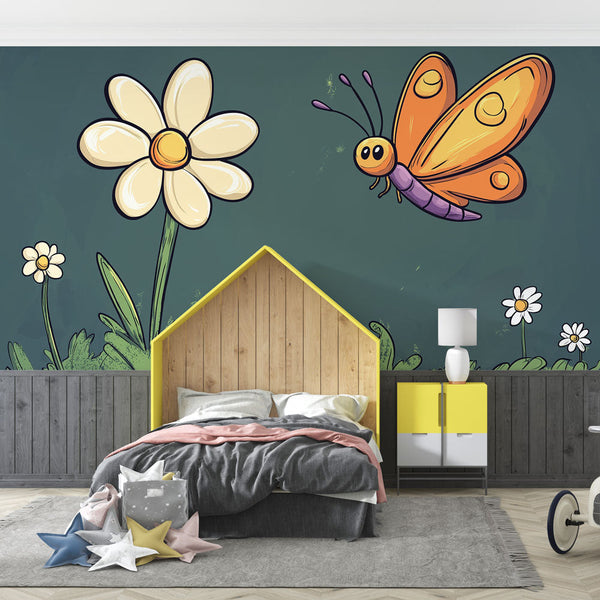 Insects Flowers Wallpaper | Playful Butterfly Daisy Motifs