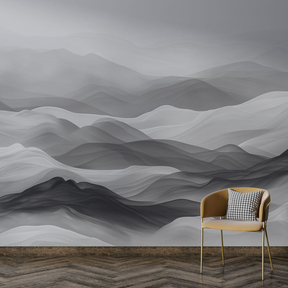 Japandi Black White Mountain Waves Wallpaper