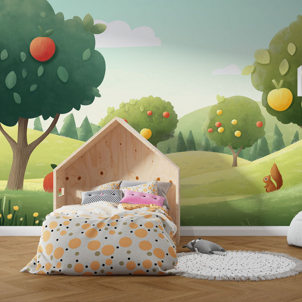 Fruit Garden Wallpaper | Sunny Trees with Squirrel Wall Mural
