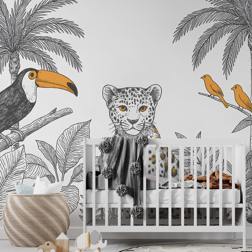 Jungle Animal Wallpaper | Leopard with Toucan and Birds