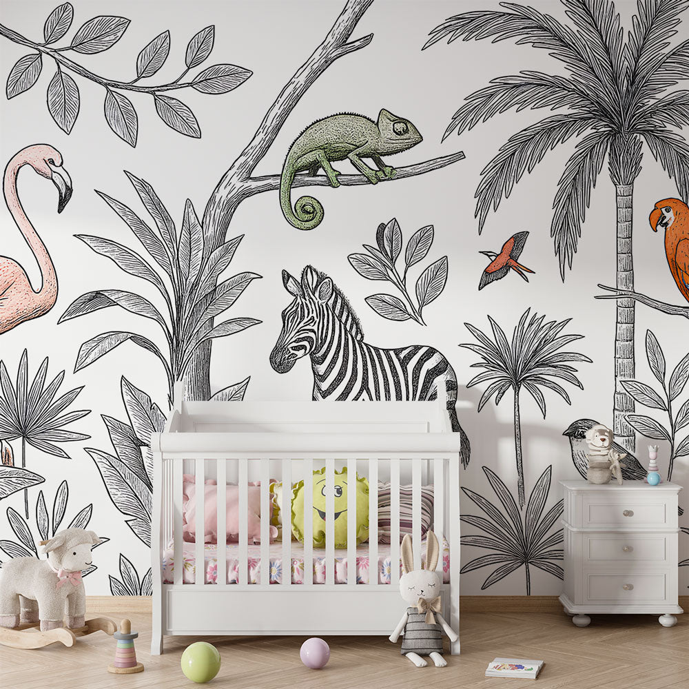 Jungle Animal Wallpaper | Flamingo, Zebra and Parrot Design
