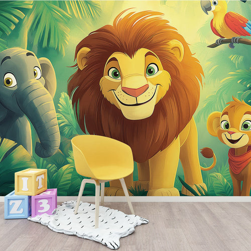 Animated jungle wallpaper with smiling lion, elephant and cub among lush foliage