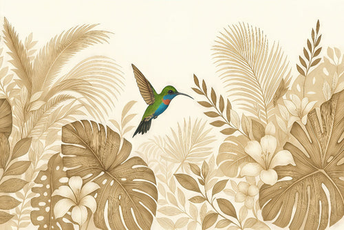 Beige Jungle Wallpaper | Colorful Hummingbird Mural