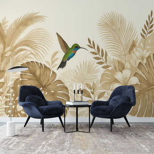 Beige jungle wallpaper with colorful hummingbirds and foliage wall mural