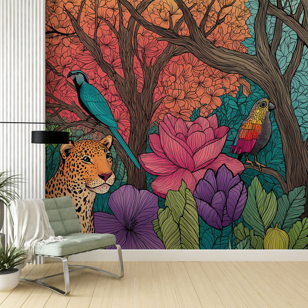 Jungle Wallpaper | Leopard, Birds and Flowers Wall Mural
