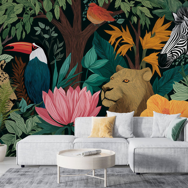 Exotic Jungle Wallpaper | Wild Animals and Blooms Wall Mural