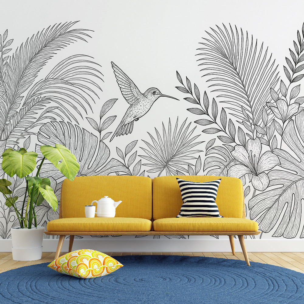 Line Art Jungle Wallpaper | Black White Hummingbird Mural
