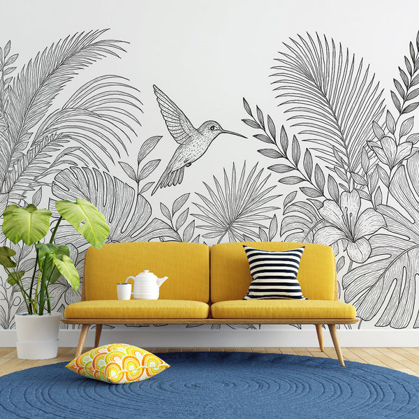 Line Art Jungle Wallpaper | Black White Hummingbird Mural
