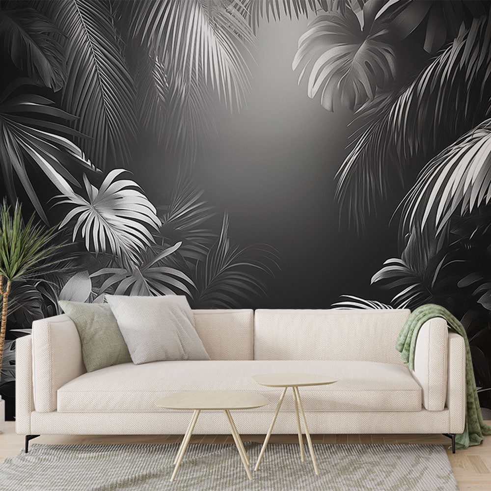 Monochrome Jungle Wallpaper | Stylised Palm Leaves Mural