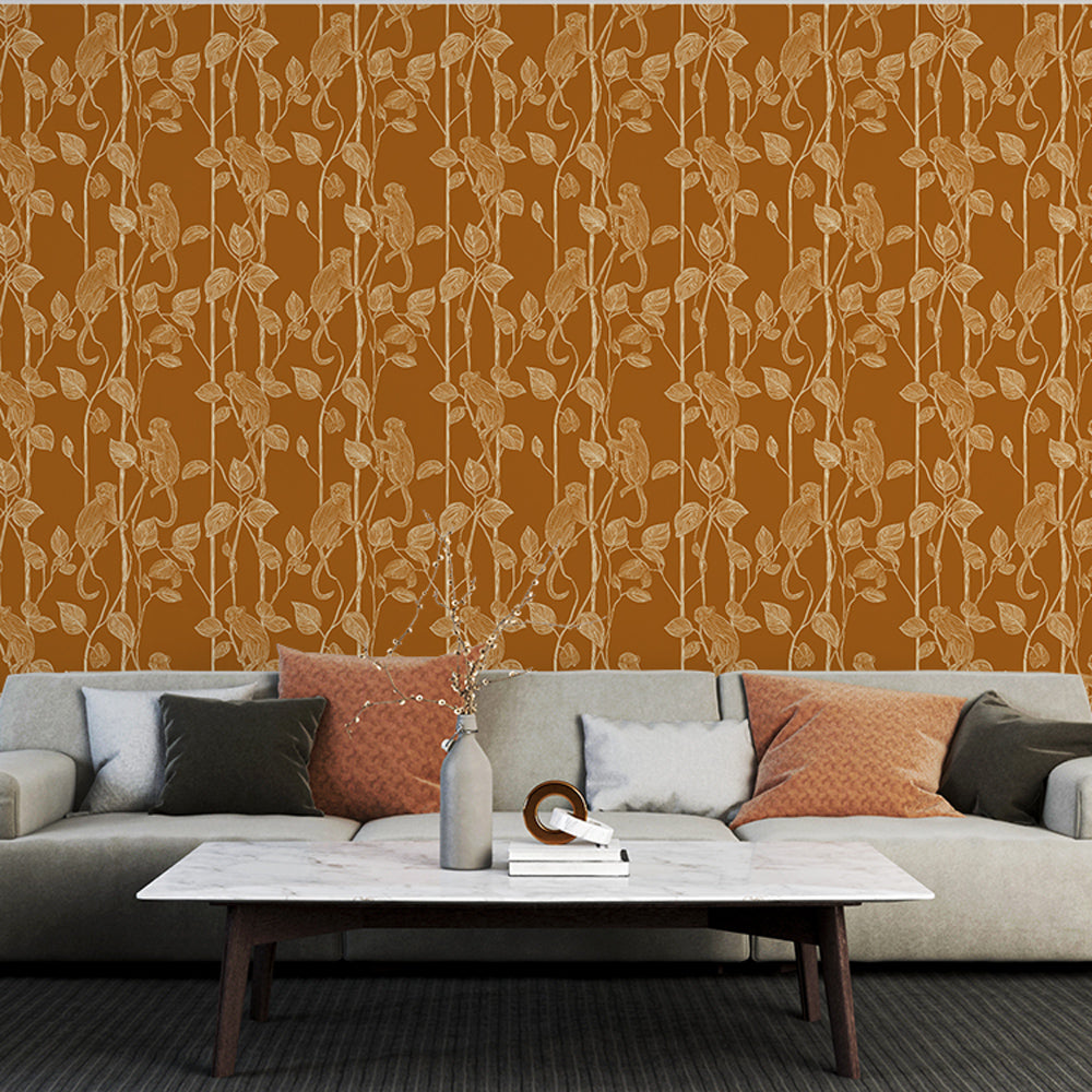 Jungle Wallpaper | Monkeys and Foliage Wall Mural in Warm Tones