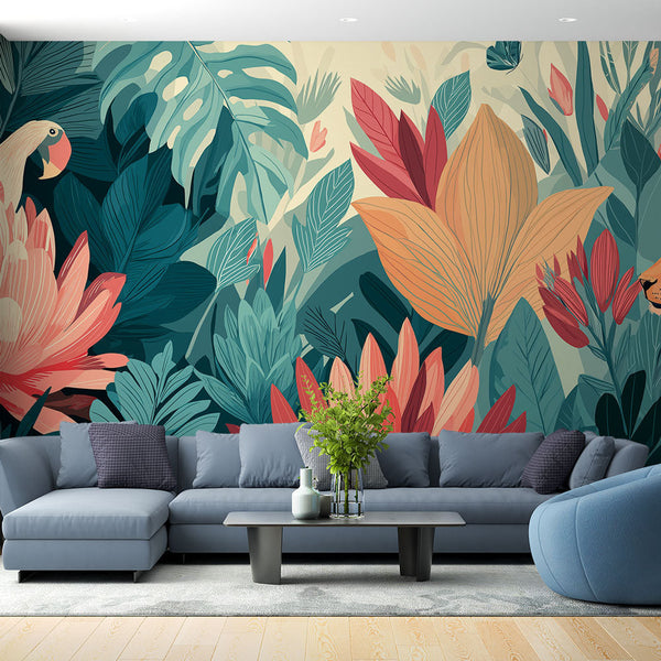 Tropical Jungle Wallpaper | Leopard & Parrot Floral Wall Mural
