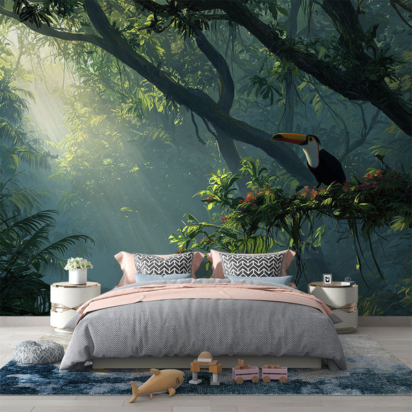 Toucan Jungle Wall Mural | Sunlit Tropical Rainforest