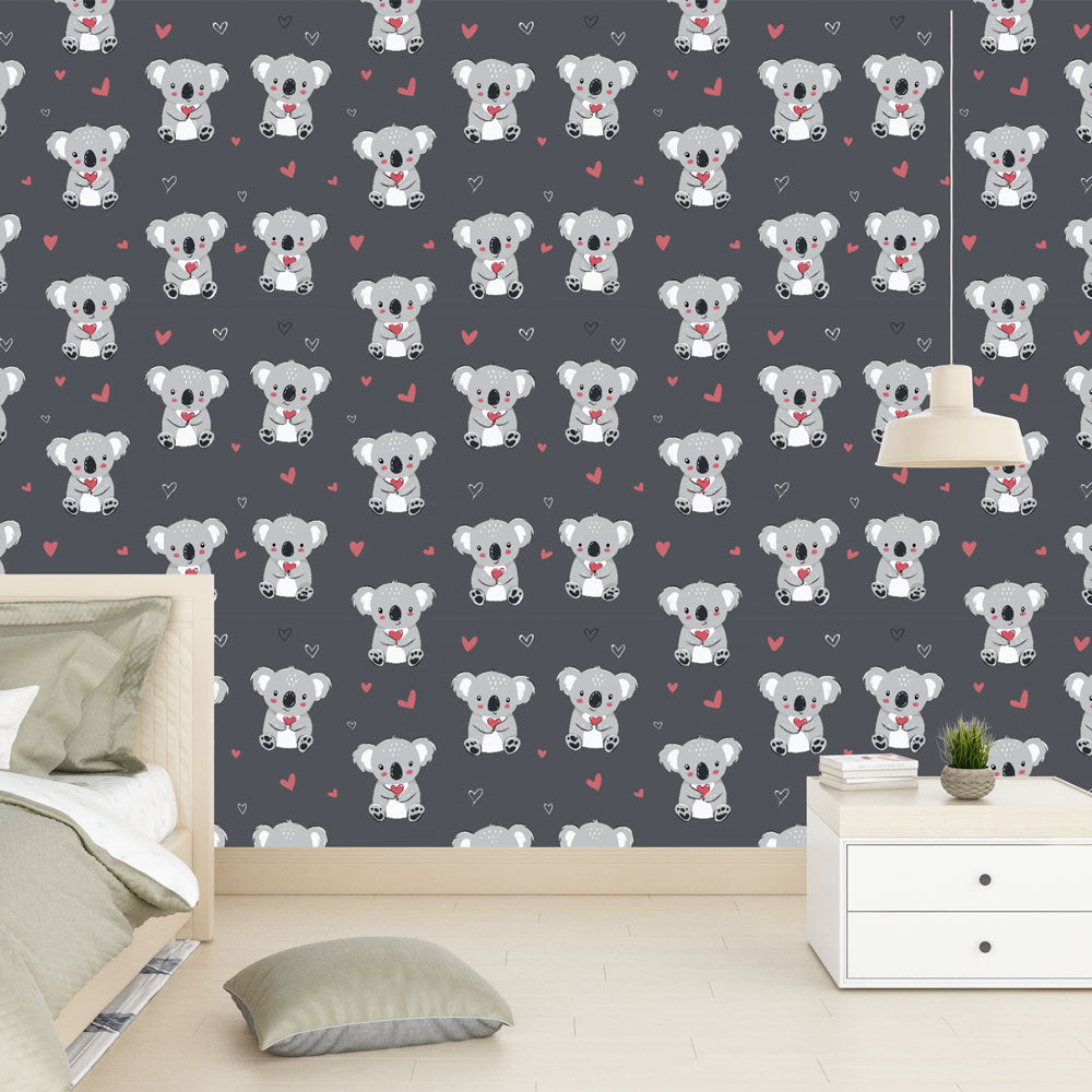 Koala Wallpaper | Sweet Koalas and Colorful Hearts on Gray