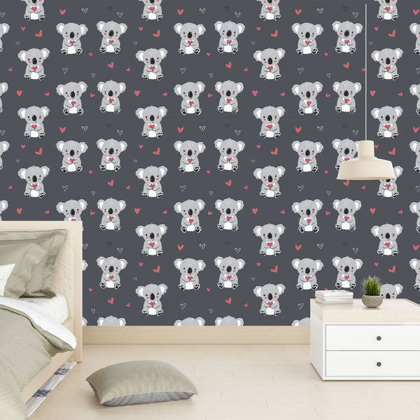 Koala Wallpaper | Sweet Koalas and Colorful Hearts on Gray