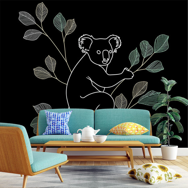 Koala Wallpaper | Graphic Koala and Leaves on Black Ground