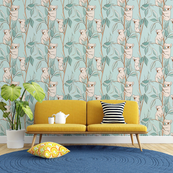 Koala Wallpaper | Playful Koala Wall Mural on Light Blue