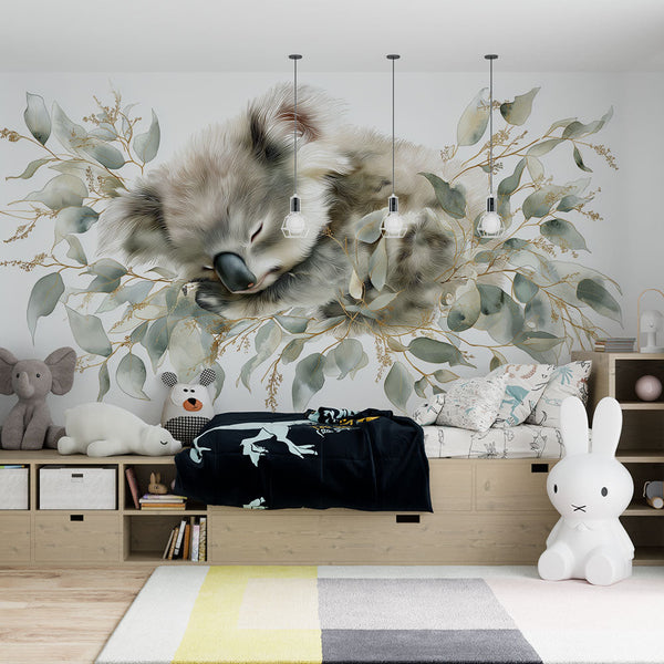 Koala Wallpaper | Sleeping Koala in Eucalyptus Leaves