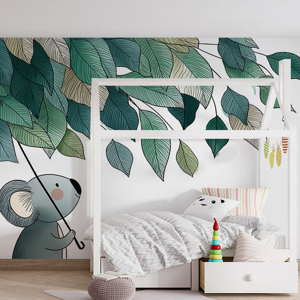 Koala Wallpaper | Koala with Umbrella Under Lush Leaves