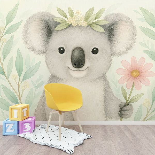 Koala Wallpaper | Cute Koala Holding a Flower in Soft Leaves