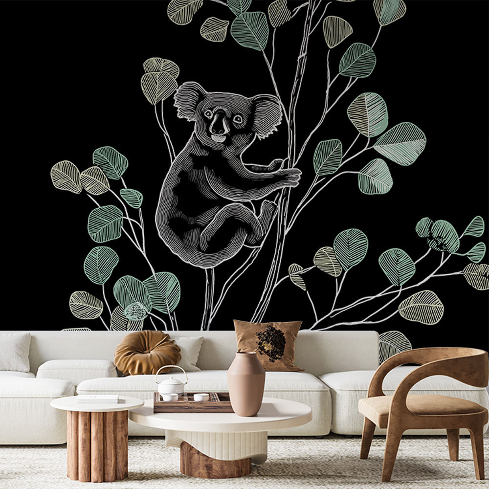 Koala Wallpaper | Stylized Koala on a Leafy Branch in Black