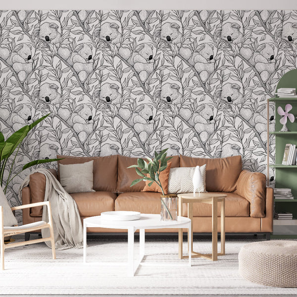 Koala Wallpaper | Black and White Sleeping Koala Wall Mural