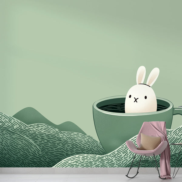 Rabbit in a Cup Wallpaper | Green Rolling Hills Mural