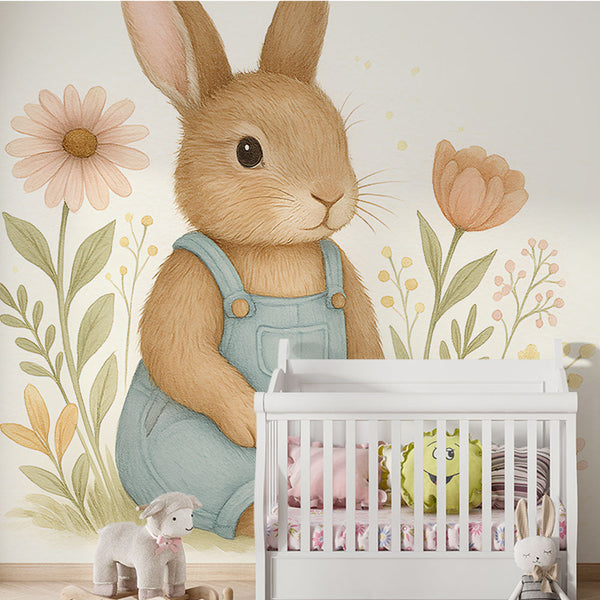 Rabbit Wallpaper | Cute Bunny in Overalls with Pastel Blooms