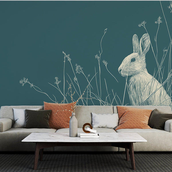 Rabbit Wallpaper | White Hare Among Wild Grasses on Blue