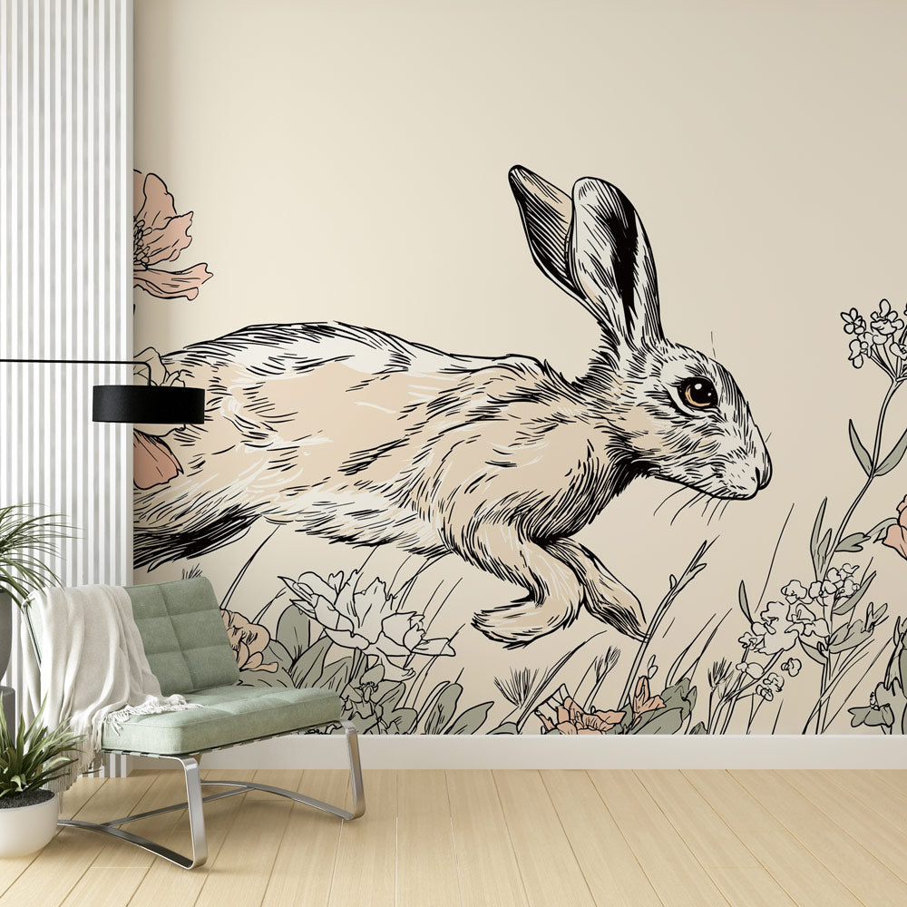 Rabbit Wallpaper | Leaping Rabbit Among Delicate Flowers