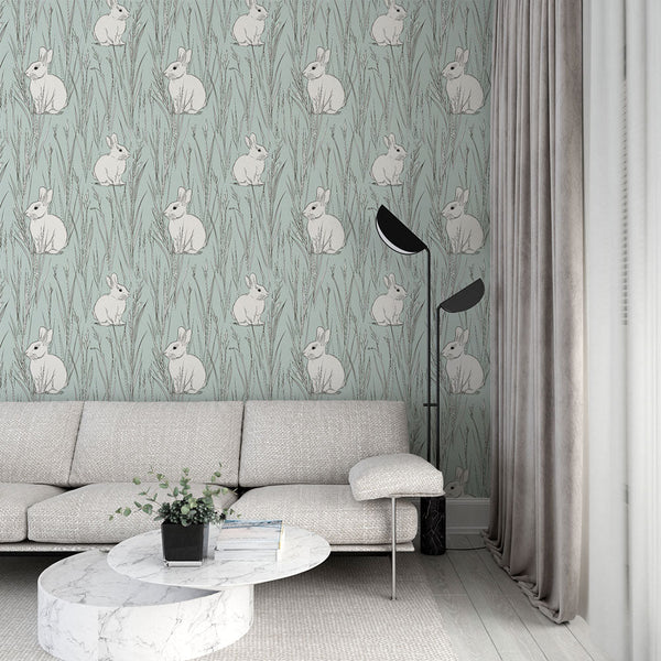 Rabbit Wallpaper | White Bunnies on Soft Aqua Green