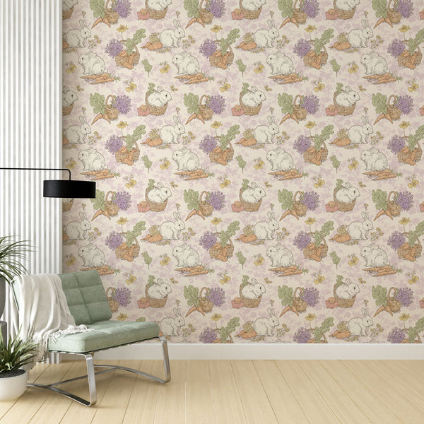 Bunny Wallpaper | Rabbits and Flower Baskets Wall Mural