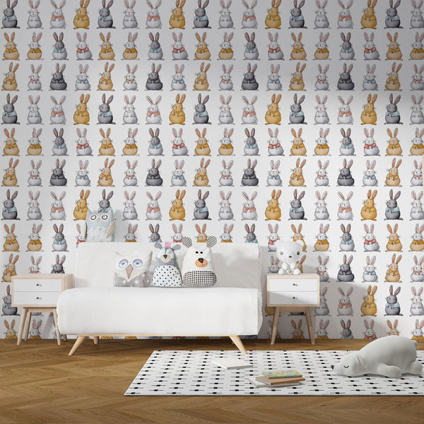 Bunny Wallpaper | Cheerful Rabbits on White Wall Mural