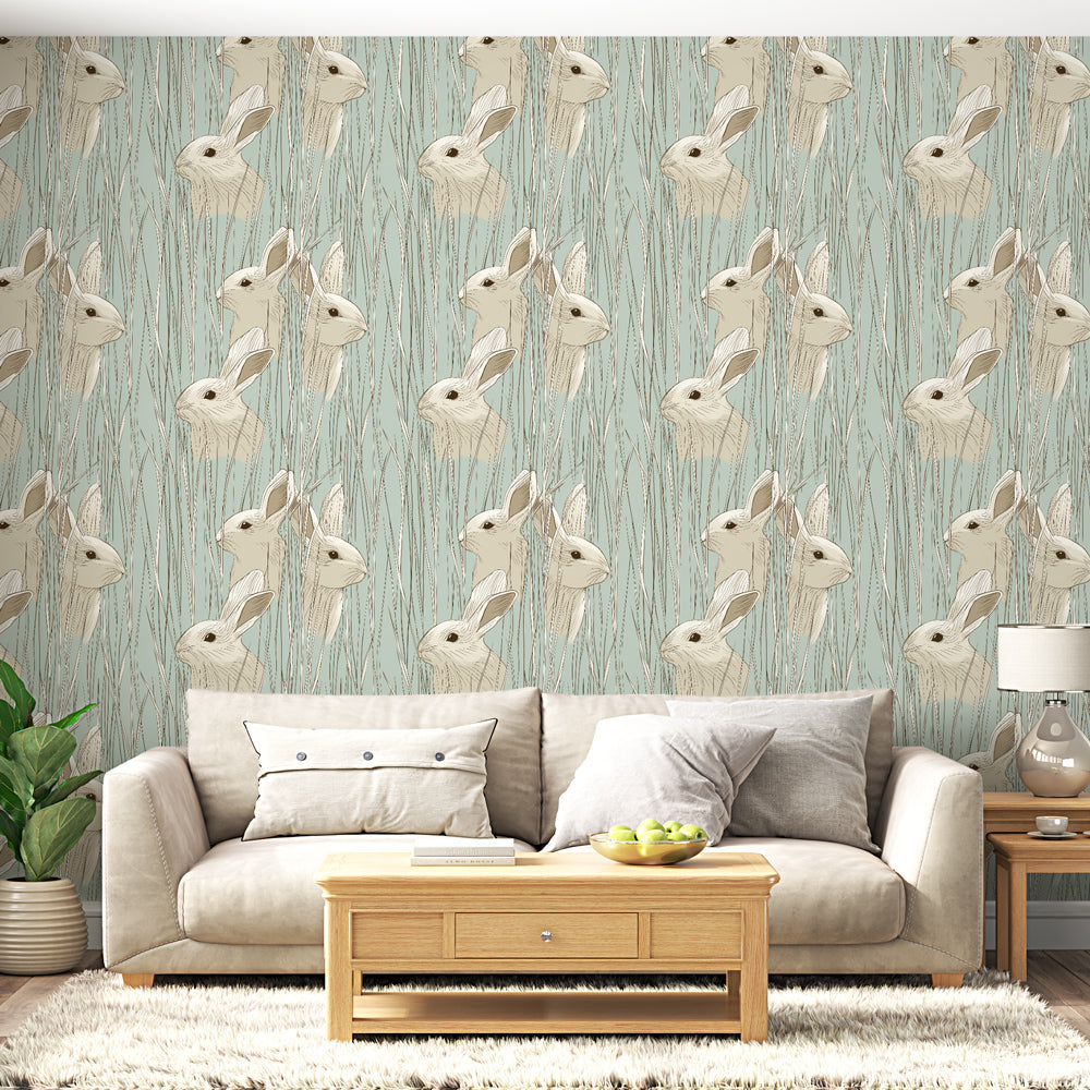 Rabbit Wallpaper | Delicate Bunny Heads on Soft Blue