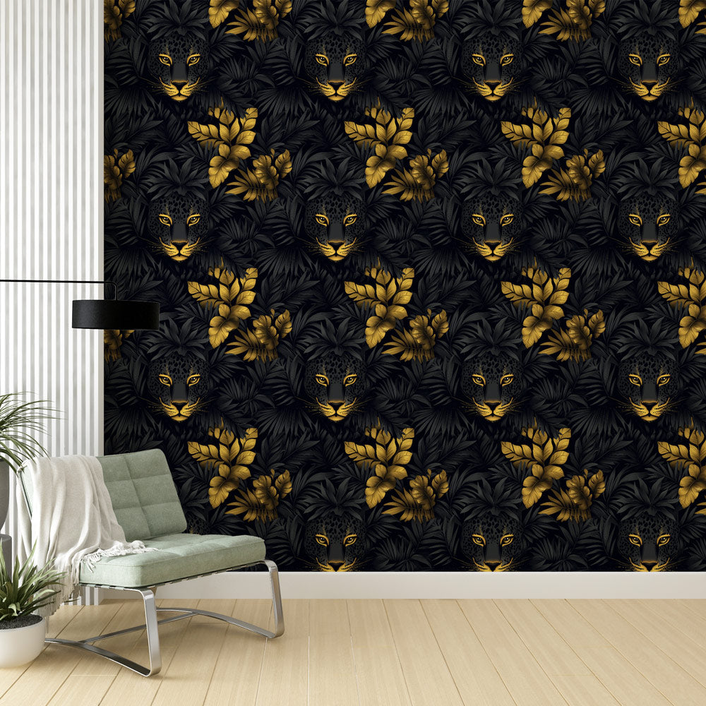 Gold Leopard Wallpaper | Leopard Faces and Tropical Leaves