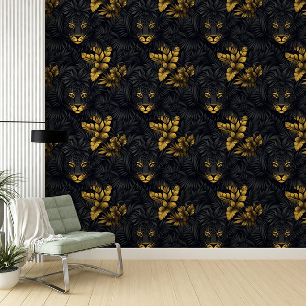 Gold Leopard Wallpaper | Leopard Faces and Tropical Leaves
