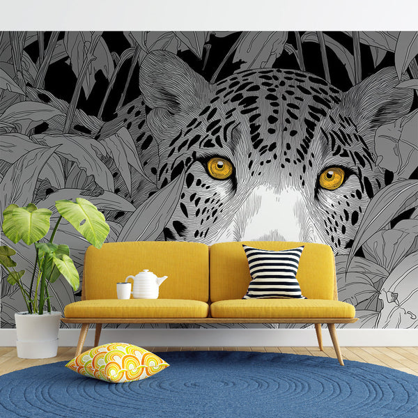 Leopard Wallpaper | Monochrome Leopard Among Dense Foliage