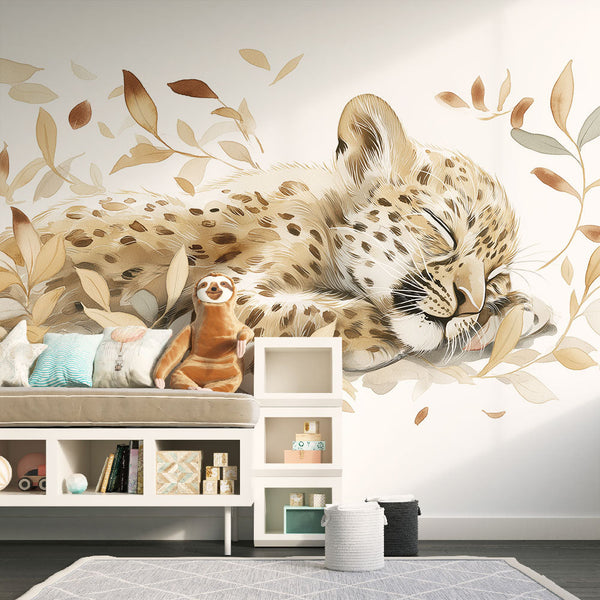 Sleeping Leopard Wallpaper | Resting Cat in Beige Foliage