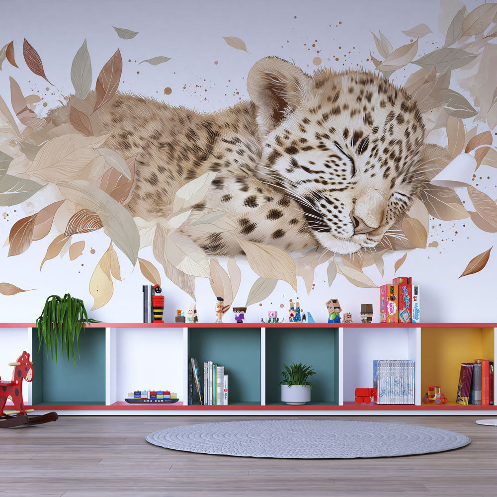 Sleeping Leopard Wallpaper | Soft Cat in Pastel Leaves
