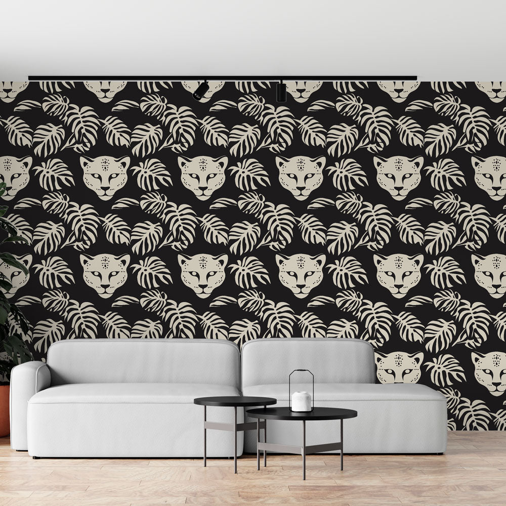 Leopard Wallpaper | Leopard Heads and Exotic Leaves on Black