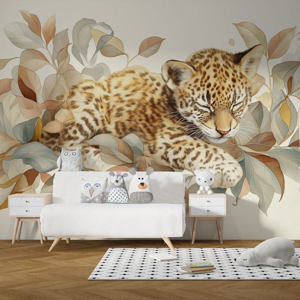 Leopard Wallpaper | Sleeping Leopard in Pastel Foliage