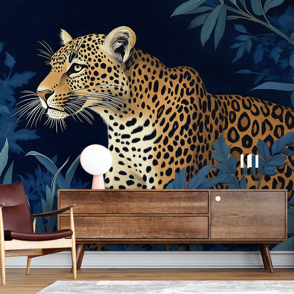 Leopard Wallpaper | Lush Foliage and Sapphire Hues