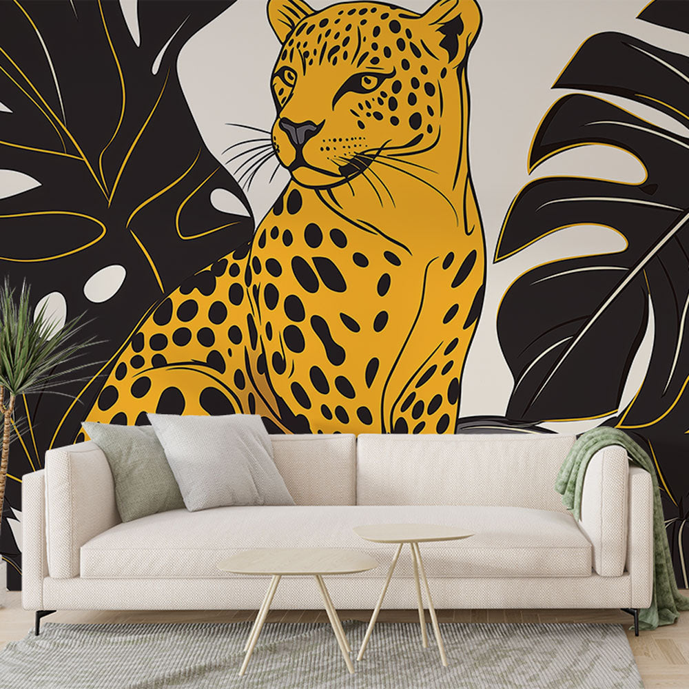 Majestic Leopard Wallpaper Among Black Tropical Leaves
