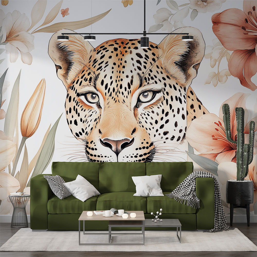 Majestic Leopard Wallpaper Surrounded by Delicate Flowers